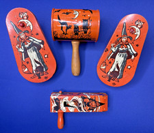 Vintage US Metal Toy Halloween Tin Litho Noisemakers Lot of 4 Witch Cat Owl picture