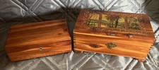 2 VINTAGE WOODEN JEWELRY/ TRINKET HINGED MEMORY BOXES, 1 CEDAR & 1 WITH MIRROR picture
