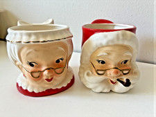 LEFTON Mr & Mrs Santa Claus Vtg Mug Cup Face Glasses Pipe # 4707 4708 RARE EXCEL picture