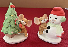 VINTAGE HOMCO #8905 MOUSE & SNOWMAN & MOUSE & CHRISTMAS TREE, PORCELAIN, NICE picture