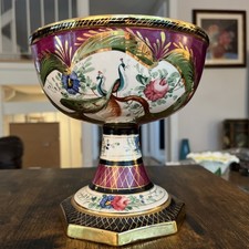H Bequet Belgium Hand Painted Peacock Pedestal Bowl Ruby Gold Vintage Centerpiec picture