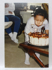 Vtg 1991 Color Photo African American Girl Birthday Cake Blowing Out Candles picture