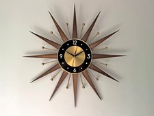 Retro Style Starburst Sunburst Wall Clock MCM Walnut Gold Black Gold Dial Silent picture