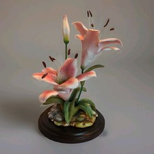Vintage Andrea by Sadek Stargazer Lilies Porcelain Figural with Wood Base-10