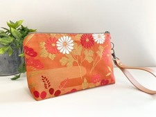 Japanese Vintage Kimono Obi Silk Pouch w/ HandStrap Floral Orange Handmade picture