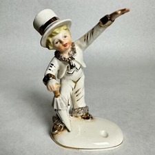 Vtg Newcomb College? Ceramic Boy Top Hat Umbrella Spaghetti Trim & Gold Figurine picture