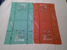 NOS 2 Vtg 50's Coral & Turquoise Linen Tea Towels SILVER FLATWARE Graphics MINT picture