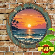 Bohemian Coastal Round Window Ocean View Tin Sign Tropical Beach House Decor picture