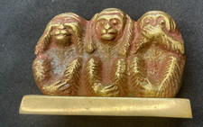 Vintage Solid Brass Three Wise Monkeys Desk Paperweight Figurine See Hear Speak picture