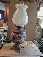 Antique P&A Duplex Brass Dbl Wick Oil Lamp With Hand Painted Floral Base picture