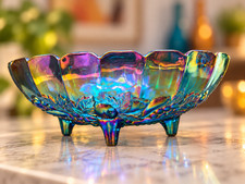 Vintage Indiana Glass Garland Blue Carnival Glass #1198 Centerpiece Bowl 12