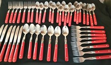 46 Lillian Vernon Flatware Red Handle Stainless Steel 18/8 Korea MCM Vtg Retro picture