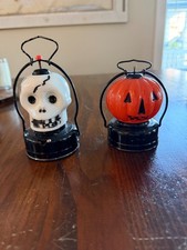 Vintage Mid-Century Light-Up Halloween Lantern Pair – Skeleton & Jack-O'-Lantern picture