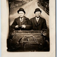 c1910s Car Studio Portrait RPPC Friends Two Men Fashion Suits Bowler Hats A379 picture