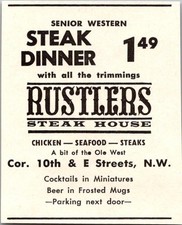 Rustlers Steak House Cor 10th & E Streets NW 1967 Washington DC Ad TAK3-M79 picture