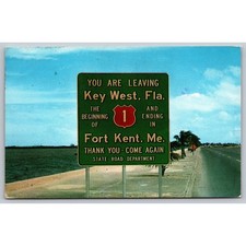 Vintage Key West Florida US Route 1 Road Sign Postcard Fort Kent Maine picture