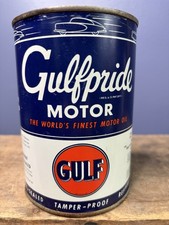 Vintage Gulfpride Gulf Motor Oil Graphic Quart Oil Can Early Auto Truck Service picture