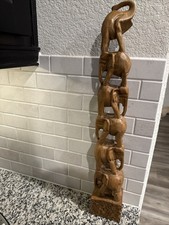 Vintage Wooden Hand Carved Elephant Totem Tower picture
