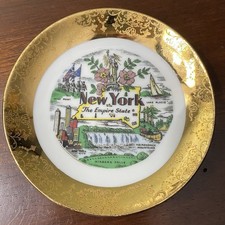 Vtg New York City 4” Souvenir Plate Empire State Niagara Falls 22k Gold Filigree picture
