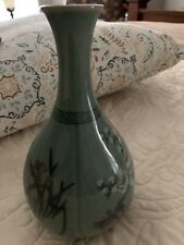 Four Seasons Korean Dusky Green Porcelain Glazed Base Signed @ 6” Tall picture
