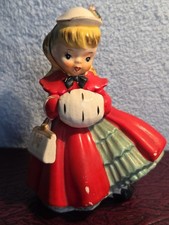 Vtg 1956 Napco Christmas Shopper Girl Red Coat Hand Muff Warmer Purse Japan picture