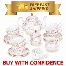 Fanquare 21-Piece Bone China Tea Set Gold Vine Floral Service for 6 Gift Box picture