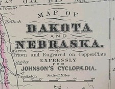 Antique 1885 DAKOTA NEBRASKA Map Authentic Old Original AJ JOHNSON COPPER PLATE picture