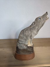 Vintage Wolf Howling Horn Carving Wood base Blue Eyes 10