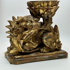 Antique Chinese Foo Dog Lotus Offering Bowl Gilt Carved Wood Shishi Temple Lion picture