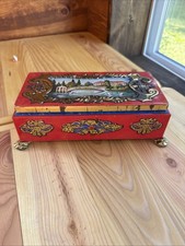 Vintage Fricke Nacke Footed Tin Box West Germany Orange Floral Scenery picture