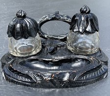 Beautiful Circa 1890 Black Lacquered Black Forest Inkwell With Cut Glass Inserts picture