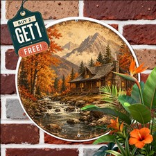 Rustic Log Cabin Autumn Forest Wilderness Lake Round Metal Tin Sign Wall Plaque picture