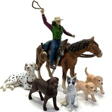 Schleich Saddled Brown Horse w/ Molded Camping Gear Wild West Dogs Cat Lot 6 picture
