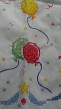 Vintage Hand Embroidered Table Runner Balloons Stars Cross Stitch 43.5
