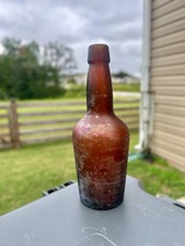 Antique Amber Glass Beer Bottle, Iridescent Blob Top Ale Bottle, Primitive Glass picture