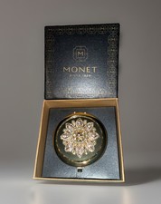Monet Gold Tone Double Mirror Compact Faux Pearl & Rhinestone Flower w/ Box NIB picture