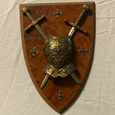 Spain Medieval Decorative Wall Shield Plaque, Wood & Metal, Crossed Swords picture