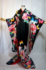 Japanese vintage kimono SILK,HIKIFURISODE,Peoney,BT,Lame,Embroidery,L5'8.5”,4888 picture