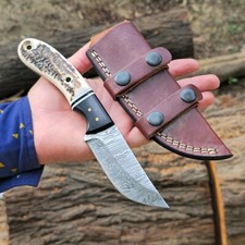 Handmade Stag Handle Damascus Steel Horizontal Carry Hunting Knife Fixed Blade picture