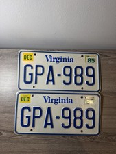 Vintage 1985 Virginia License Plate PAIR Matching Set YOM Tag GPA-989 Blue White picture