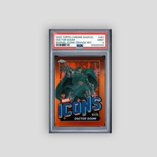 Doctor Doom  2025 Topps Chrome Marvel Icons Orange Refractor /25 PSA 9 (pop 1) picture