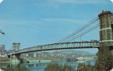 RIVER FRONT SUSPENSION BRIDGE & CITY SKYLINE POSTCARD CINCINNATI OH OHIO 1950s picture