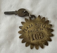 RARE Antique PLAZA HOTEL PHILA, PA  Brass Key and Fob  Room 109 picture