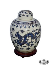 Vintage Ming Dynasty Porcelain Ginger Jar w/Dragon & Wood Base picture