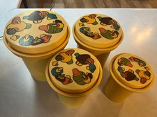 Complete set vintage 1970s rubbermaid yellow mushroom stackable canisters picture