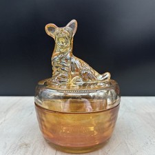 Vintage MCM Jeannette Glass Marigold Iridescent Carnival Scottie Dog Powder Jar picture
