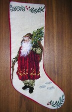 Vintage Needlepoint Christmas Stocking Santa St Nicolas Red Velvet Back 19