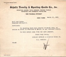 Schultz Novelty & Sporting Goods Co Inc 1931 NY Antique Letterhead Billhead TC24 picture