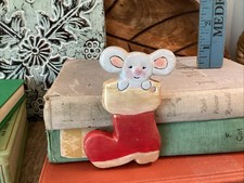 Vintage 1974 Hand Painted Ceramic Christmas Mouse In stocking Ornament picture