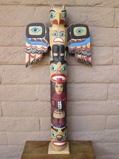 PACIFIC NORTHWEST COAST WOOD TOTEM, 30 INCHES TALL, SIGNED BY CARVER ARTIST picture